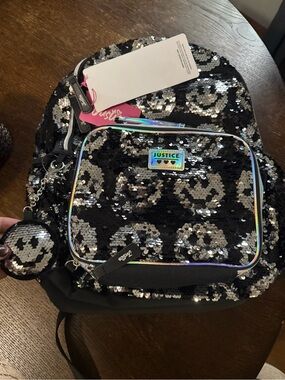 Justice Black & Silver Reversible Sequin Backpack with Holographic Trim